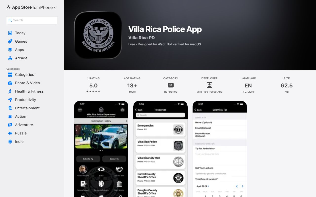 Carroll County Clerk records Villa Rica Police iOS app listing