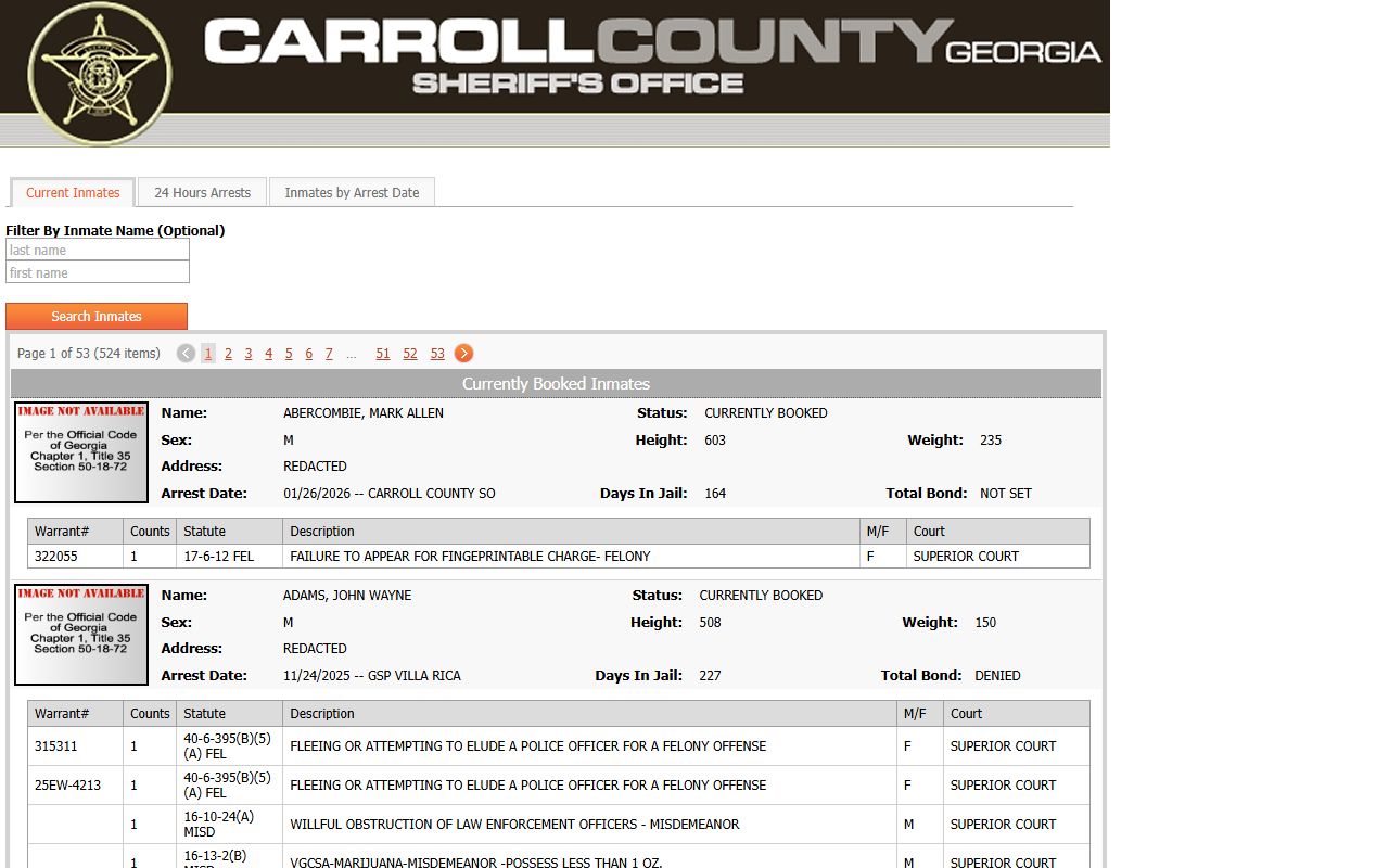 Carroll County arrest records jail population report